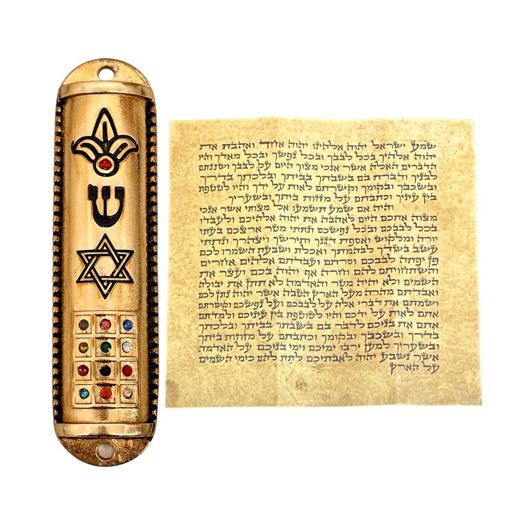 mezuzá mezuzah judaico dourada com as pedras das 12 tribos de Israel ...