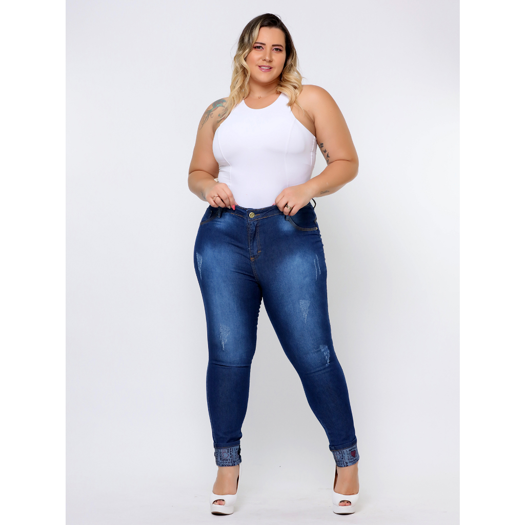 Calca Jeans Feminina Hot Pants Plus Size Cintura Alta Com Lycra Empina