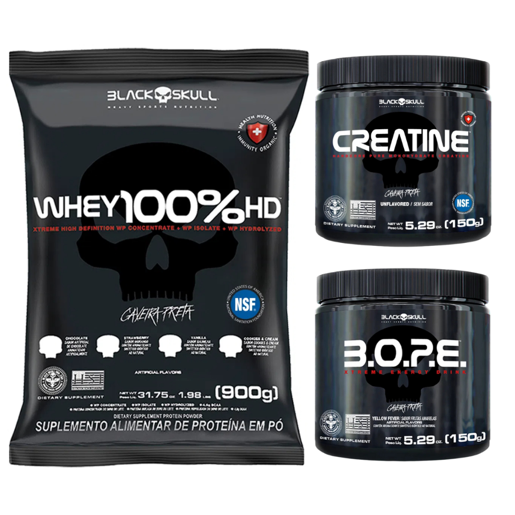 Kit Whey HD 100% 900g + Creatina Turbo Monohidratada 150g + Bope Pré Treino 150g Black Skull