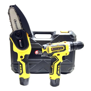 Parafusadeira 25V + Motoserra 25V com 2 baterias + Maleta Completa