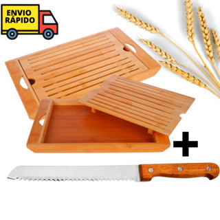 Kit Tábua Migalheira De Bambu Com Faca De Pães Bolos Migalheira Com Bandeja Removível Para Servir Café da Manhã