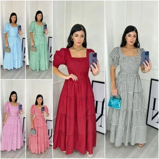 Vestido Heloísa Longo Xadrez Manga Princesa Acinturado Moda Evangélica