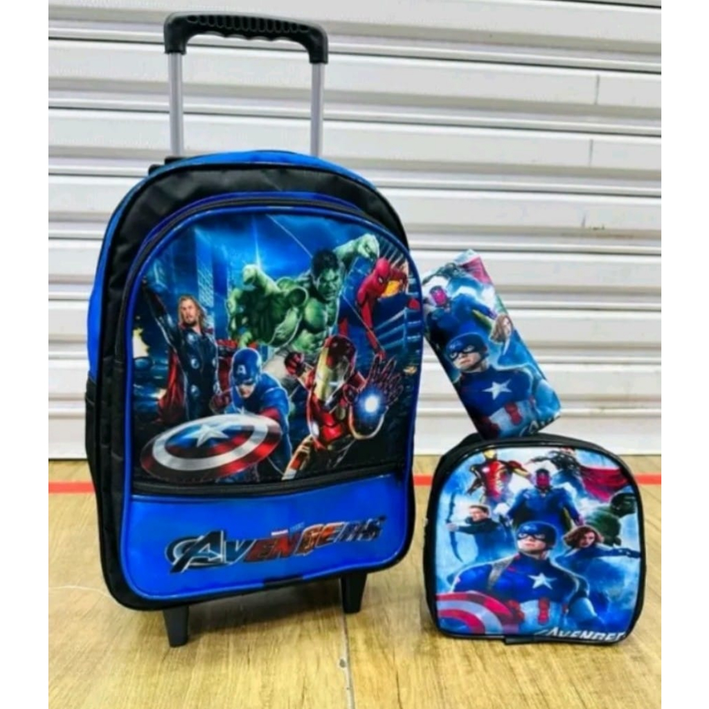 Mochila Infantil escolar de rodinha dos Vingadores menino + estojo + lancheira grande