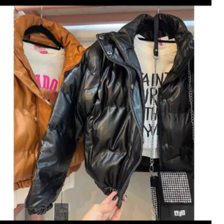 Jaqueta Puffer Feminina de Couro FORRADA COM CAPUZ