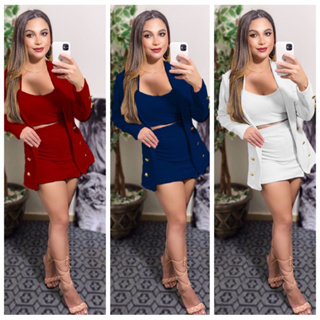 Conjunto feminino 3 peças Shorts Saia Cropped e Blazer xadrez e liso