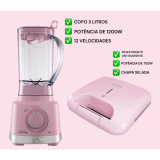 Kit  Rosa Liquidificador turbo 12 velocidades 3 litros + sanduicheira 750W Rosa  Britânia