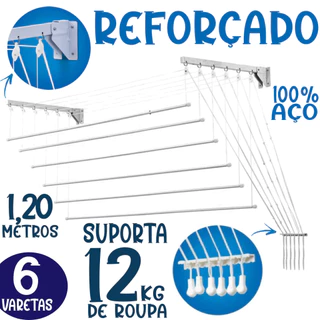 Varal Parede Individual 6 Varetas Prático 1,20m Aço Branco Varetas Independentes