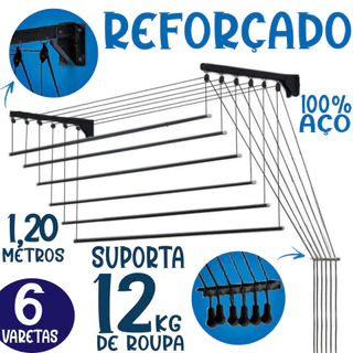 Varal Parede Individual 6 Varetas Prático 1,20m Aço Preto Independentes Cordaw Teto