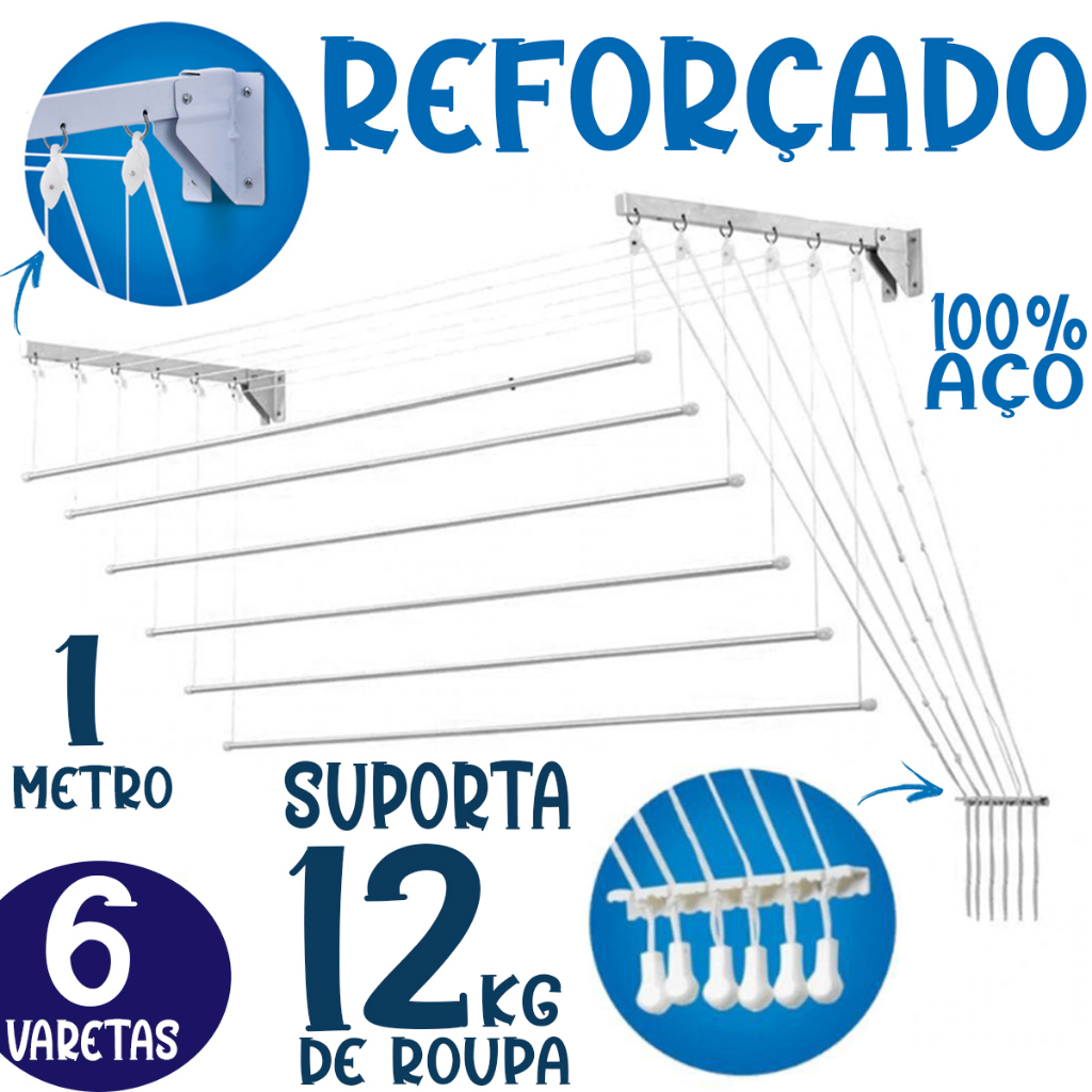 Varal Prático 1,00m 6 Varetas Independentes Teto Parede Aço Individual Teto Corda