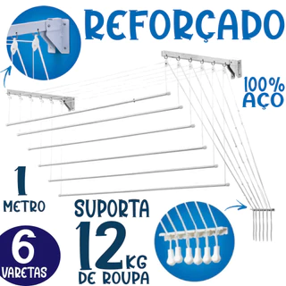Varal Prático 1,00m 6 Varetas Independentes Teto Parede Aço Individual Teto Corda