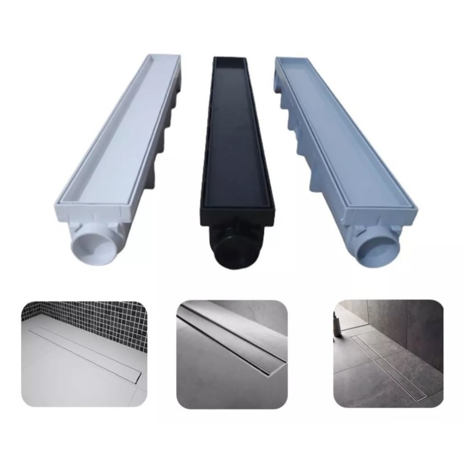Ralo Invisível 7x50cm Linear Cola Piso/Porcelanato + Caixa Coletora + Sifão Anti Odor