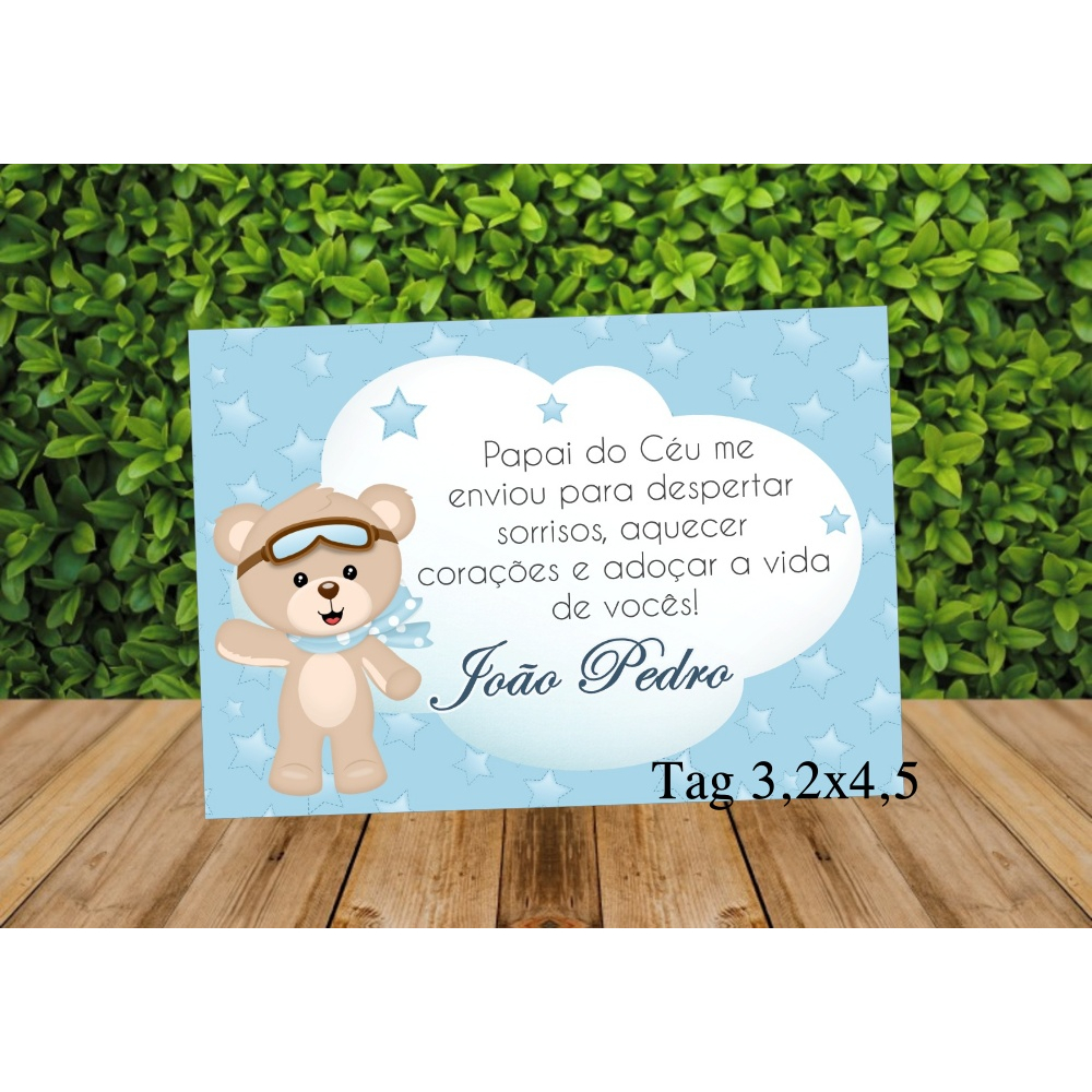 Tag Ursinho Aviador Lembrancinha Maternidade - Chá de Bebê - etc