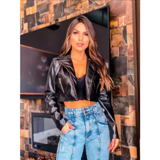 Jaqueta Jaquetinha Cropped Couro Eco Zíper Bolso Lançamento Moda Outono/Inverno 2024