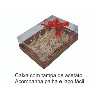 Caixa presente com TAMPA de ACETATO- 10unidades - Kraft - 18x13x6,5 - Com palha + Laço Fácil