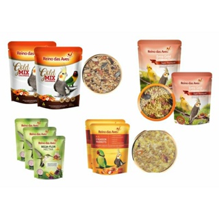 COMBO REINO DAS AVES: 2 UNI. GOLD MIX CALOPSITA 500G + 2 UNI. EXTRA GOLD FRUTAS 400G + 2 UNI. RA PARROT 500G + 3 UNI. BEIJA-FLOR 400G
