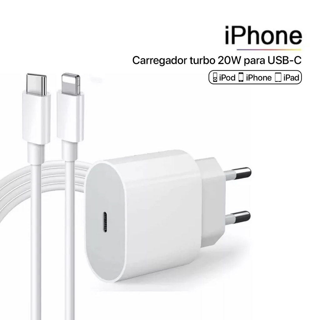 Fonte USB-C 20W Turbo + Cabo Original para iPhone: Carregamento Rápido ...