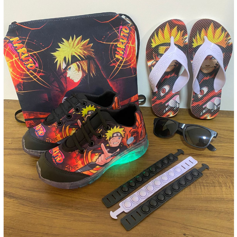 Tênis de LED Personagem Naruto Desenho Filme de Menino com Cadarço + Chinelo + Bolsinha + Oculos + Pop It