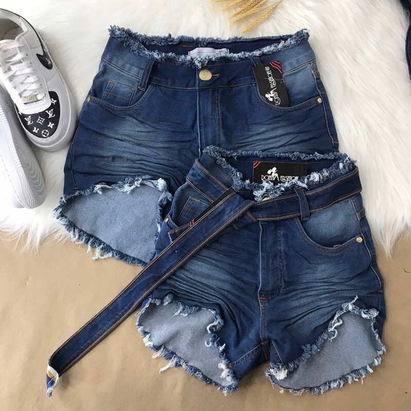 Shorts destroyed e liso jeans com lycra cintura alta /tam 36