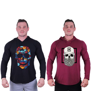 Kit 2 Camiseta Manga Longa Longline Com Touca MXD Conceito Caveiras Treino Musculação Estampadas