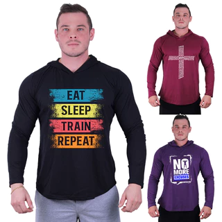 Kit 3 Camiseta Manga Longa Longline Com Touca MXD Conceito Letreiros Caveiras Musculação Estampadas