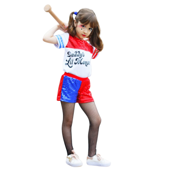 Fantasia de arlequina Cosplay Completo Roupas Infantis Meninas Esquadrão  Suicida Jaqueta Bordada T-shirt Shorts Inflável Terno de Bastão de Beisebol