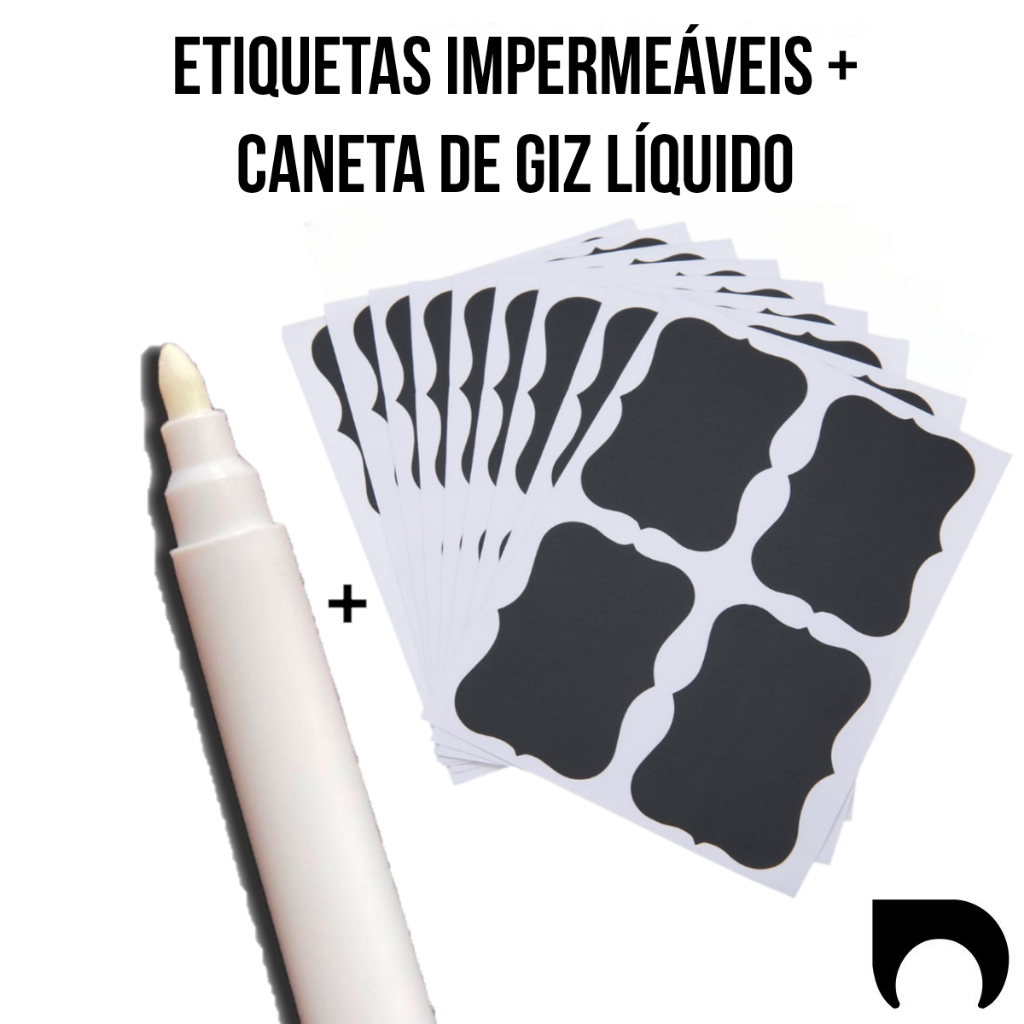 Kit de Etiquetas Adesivas em Vinil Preta 4x2 cm + Caneta Branca de Giz Líquido