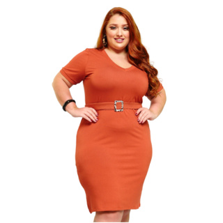 Vestido Midi Tubinho com Cinto Tecido Malha Decote Gola V Plus Size P M G GG