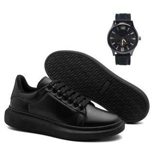 Tenis Sport Fino Solado Alto 3cm Elástico Sneaker Preto Sola Antiderrapante + Relógio Ponteiro