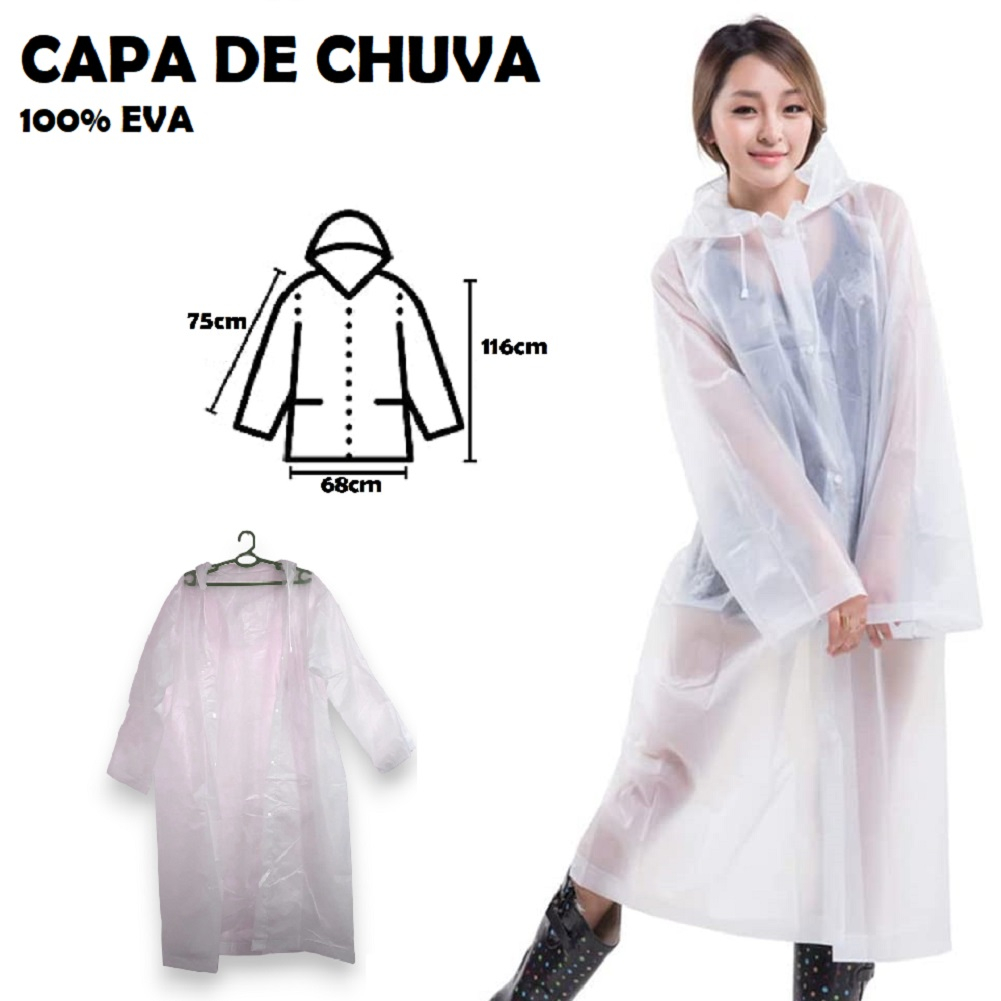 Capa de Chuva Grossa e Longa com Capuz Transparente Reforçada EVA ...