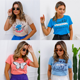 Kit 3 T-shirt Feminina Manga Curta Gola Redonda Malha 100% Algodão Premium
