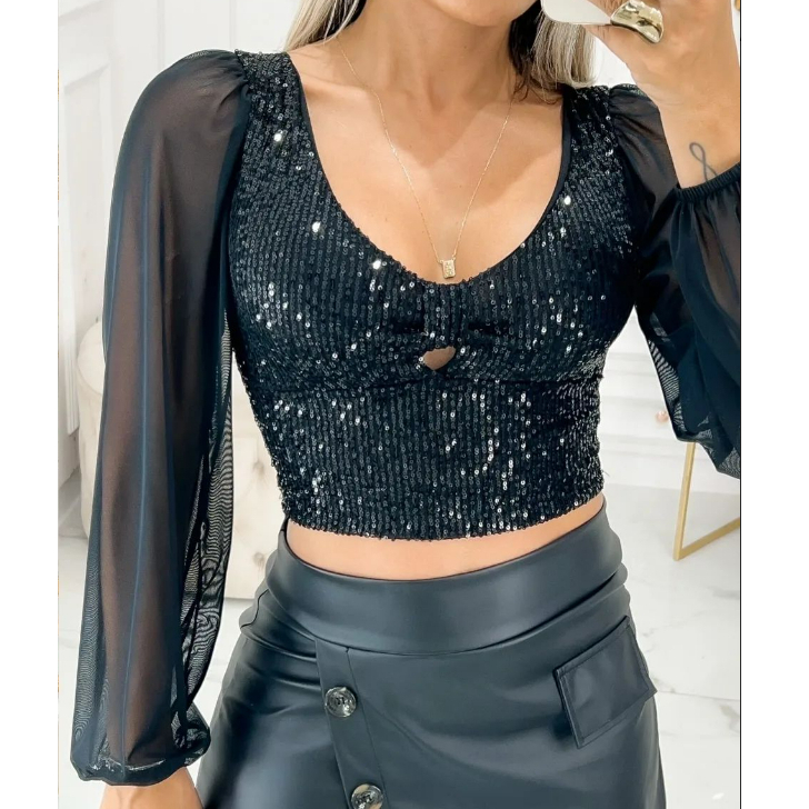 Cropped Paetê Brilho Festa Balada Manga Longa Bufante Tule Lantejoula Moda Feminina