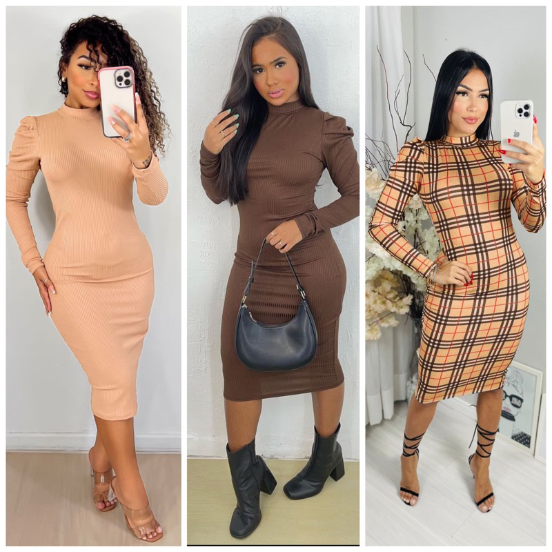 REF 015 -Vestido inverno manga longa princesa golinha xadrez Nude marrom mídi