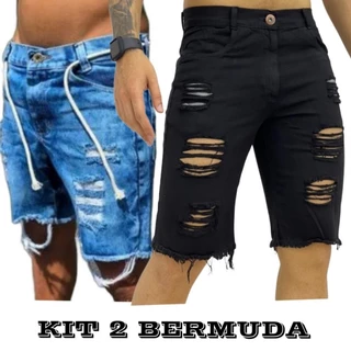 kit 2 Bermuda Jeans Rasgada Masculina Lisa Lycra Premium Promoção Promoção hoje 2024 Direto da fabrica