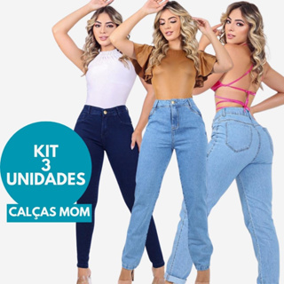 KIT 3 Calças Jeans MOM Cintura Alta Levanta Bumbum 100% Algodão Cós Alto Sem Lycra