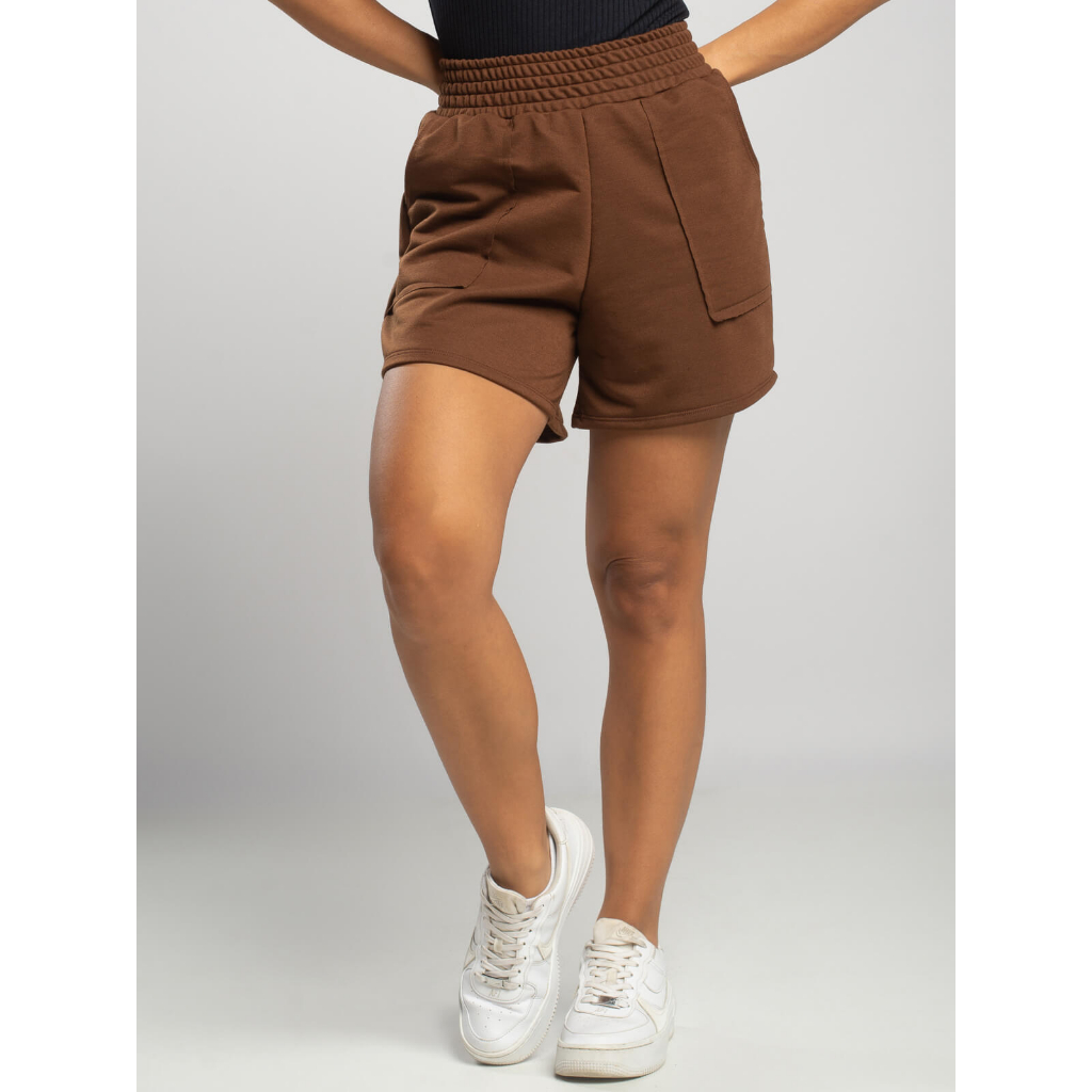 Short Curto Feminino Moletinho Com Bolso Cintura Alta Bermuda