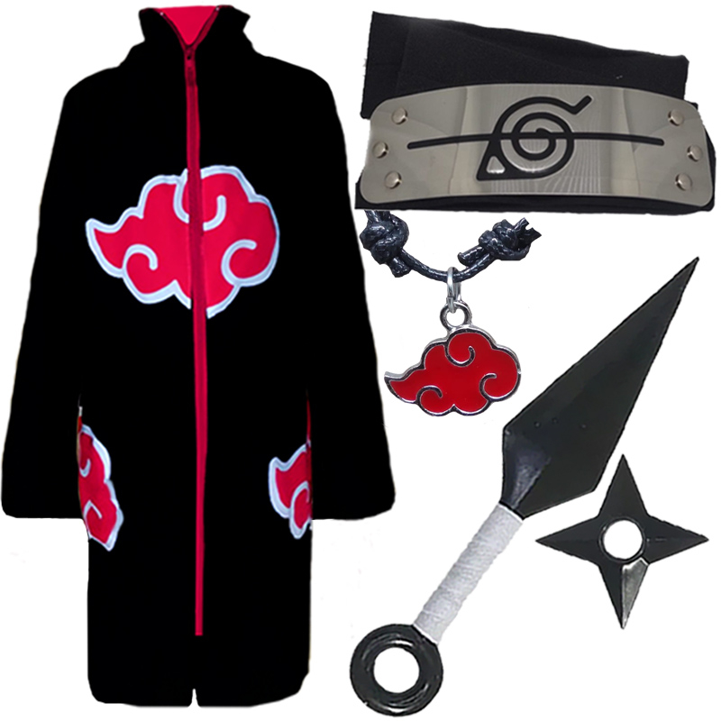 Manto Akatsuki + Bandana Vila da Folha Renegada + Kunai + Suriken + Colar Mod1 Naruto