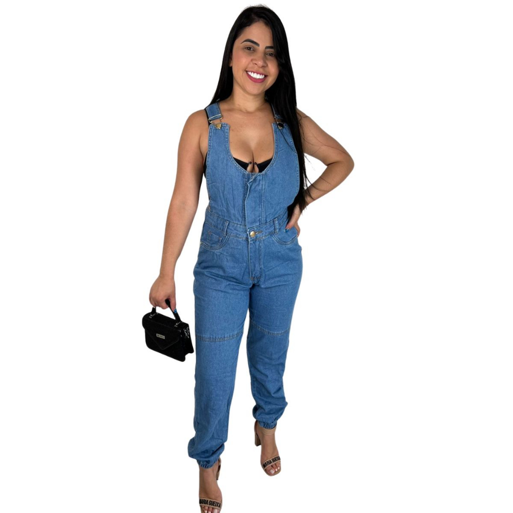 Macacão Jeans feminino longo moda blogueira salopete jardineira calça