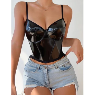 Cropped feminino em couro PU frontal
