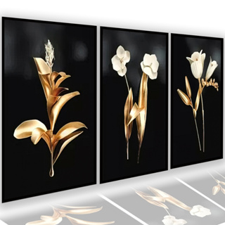 Quadros Decorativos Natural Flores em Ouro Fundo Preto Quarto Moderno