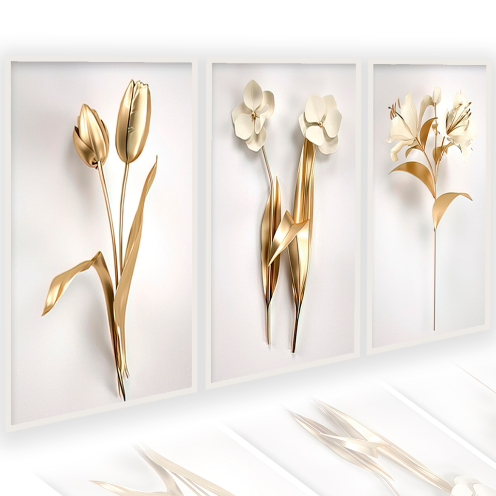 Quadro Decorativo Dourado Floral 3D Gold Grande Quarto Casal Sala