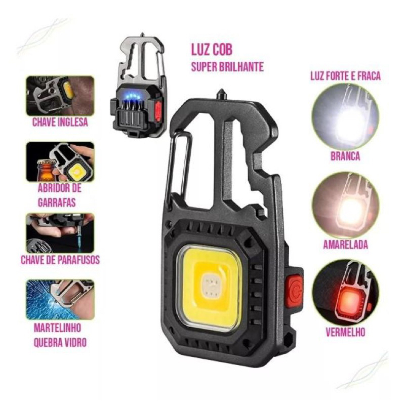 Mini Lanterna LED Cob Chaveiro 6x1 Multi Funcional Super Potente Recarregável com Tripé