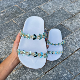 Papete de pedraria sandália feminina birken brilho strass slide tiras flatform (KAROL)