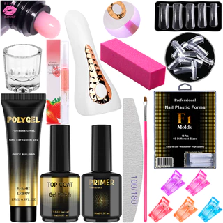 Kit Extensão de Unhas Polygel Molde F1 Mini Cabine 18w Polygel 15ml Pincel Presilhas Lixas Copo Dappen Caneta Óleo