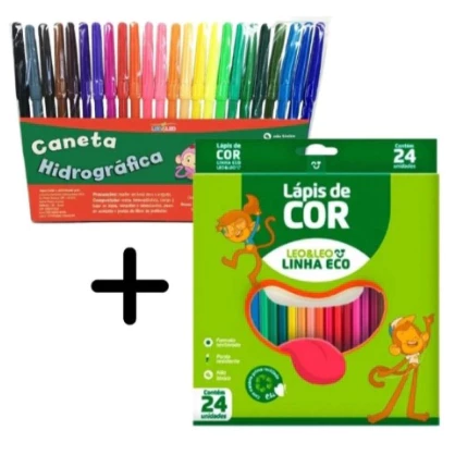 kit Lápis de Cor 24 cores + Canetinha - Caneta Hidrográfica 24 cores Simples Leo e Leo -Linha Eco -Leonora