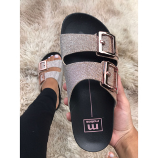 Sandália papete Feminina com Glitter da Moleca Birken Fivelas Confortável