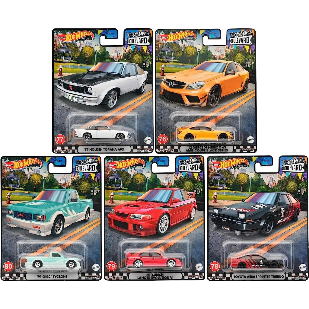 Hot Wheels 2023 Boulevard Premium ('77 Holden Torana A9X HKF12 , 12 Mercedes-Benz C63 AMG Coupe Black Series HKF23 , 91 GMC Cyclone HKF24 , Mitsubishi Lancer Evolução VI HKF26 , Toyota AE86 Sprinter Trueno HKF28) 1 : 64 Diecast Carro Modelo De Escala