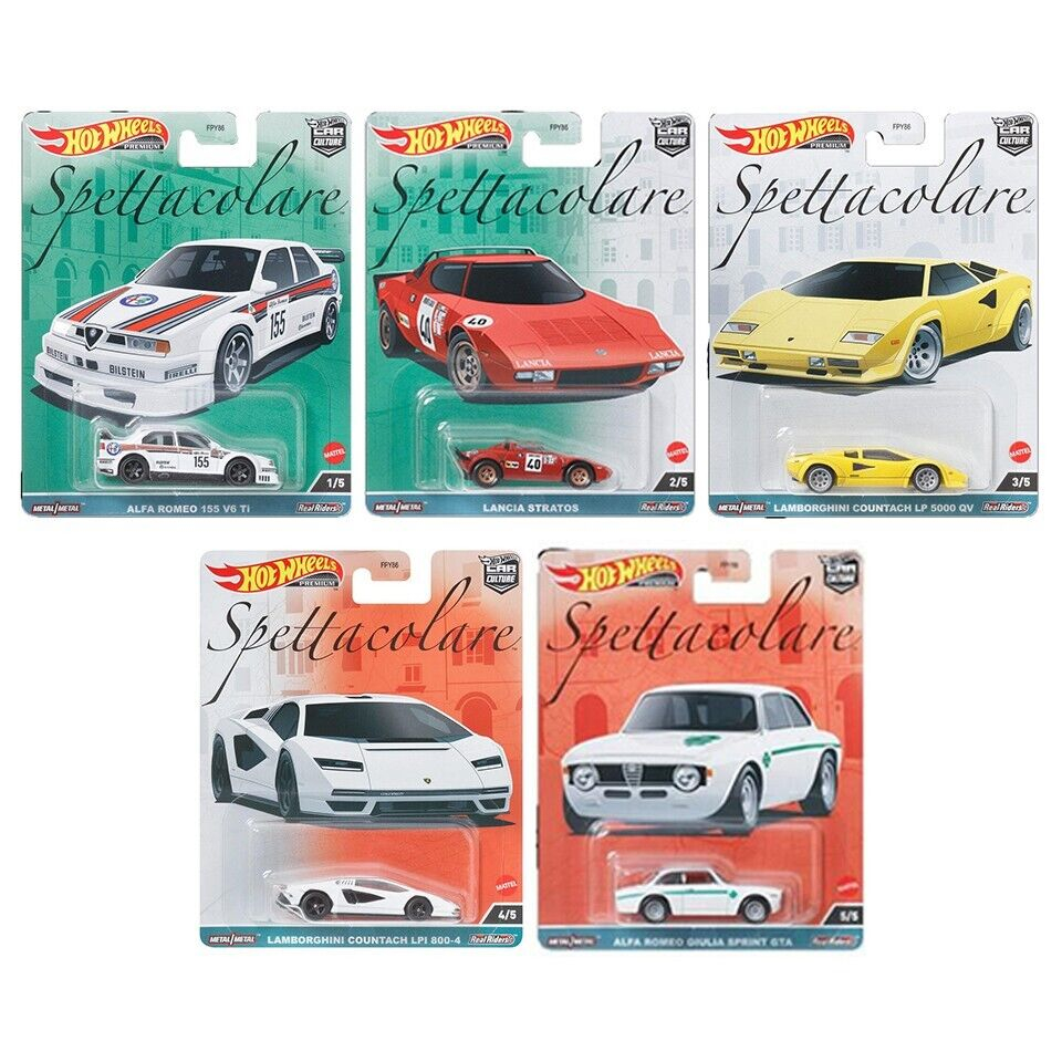 2023 Hot Wheels Car Culture Spettacolare (Alfa Romeo 155 V6 TI, Lancia Stratos Lamborghini Countach LP 5000 QV, Lamborghini Countach LPI 800-4, Alfa Romeo Giulia Sprint GTA) 1:64 Diecast Scale Model Car