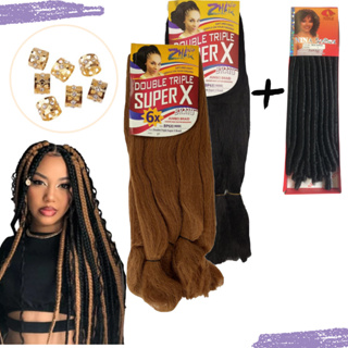 Kit 2 Cabelo Jumbo Gypsy Braids Super Hiper X Tranças Fibra Sintética + 1  Pacote Nina Sotex Crochet Braids + Anéis de Enfeite