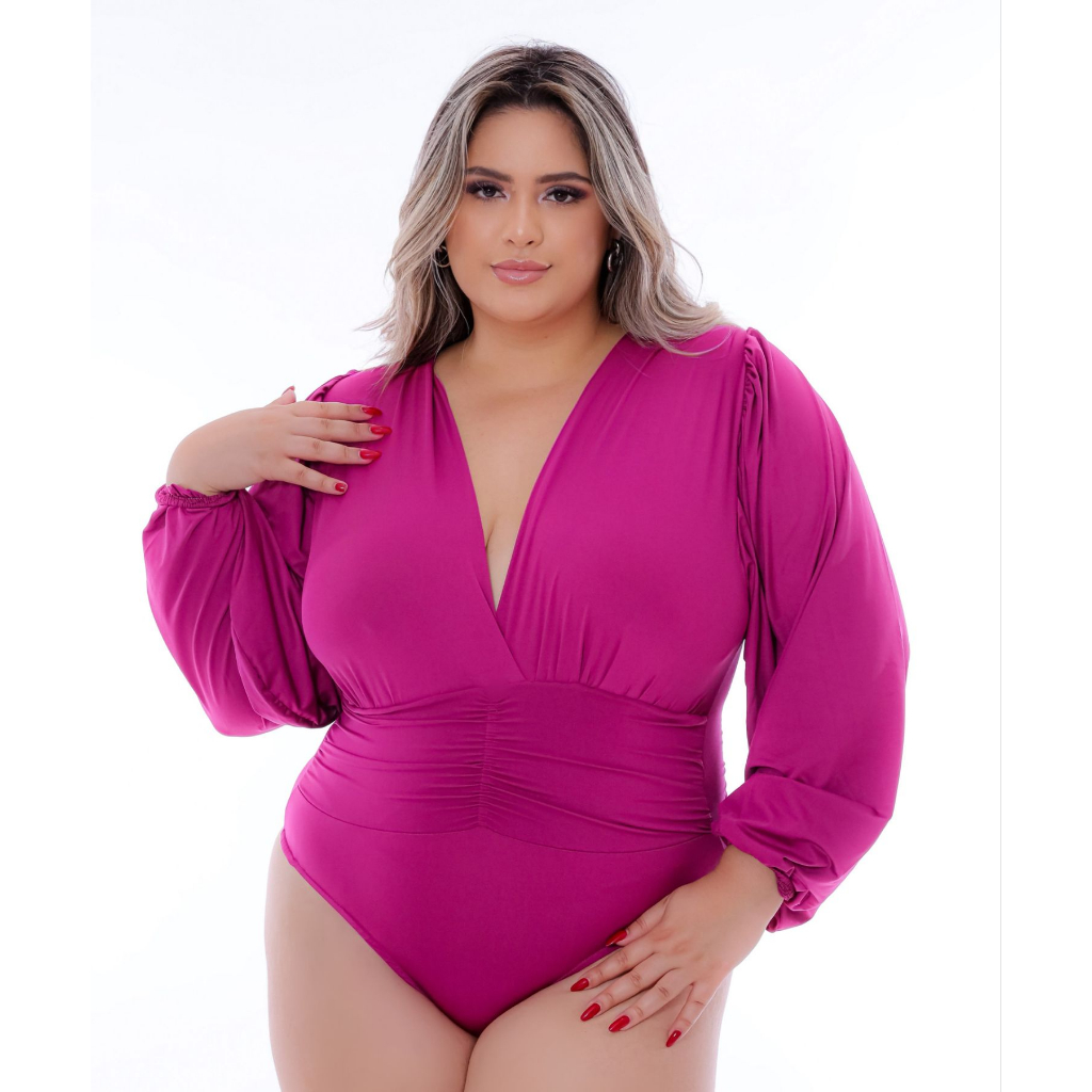 Body Feminino Plus Size / Blusa Feminina Manga Longa Princesa Bufante /  Transpassado / Decotado Gola V / Moda Blogueira