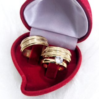 Alianças de Casamento Dourada 2 Frisos Diamantada + Anel Solitário